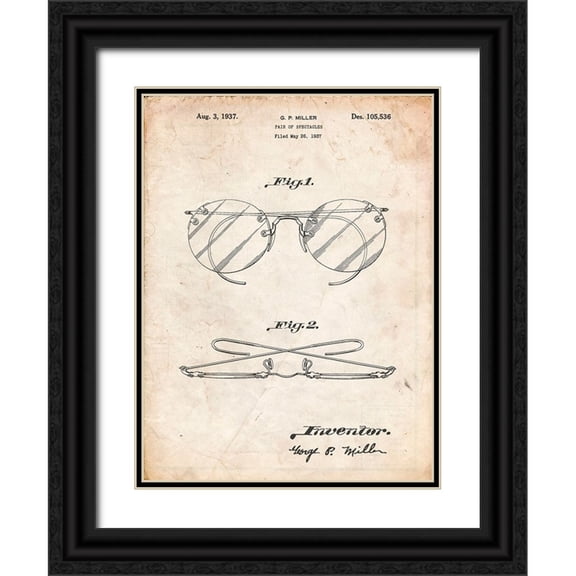 Borders, Cole 12x14 Black Ornate Wood Framed with Double Matting Museum Art Print Titled - PP803-Vintage Parchment Eyeglasses Spectacles Patent Art