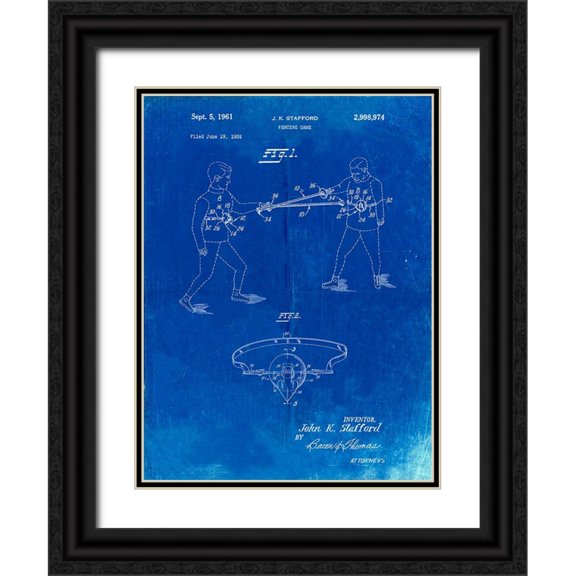 Borders, Cole 12x14 Black Ornate Wood Framed with Double Matting Museum Art Print Titled - PP804-Faded Blueprint Fencing Game Patent Poster