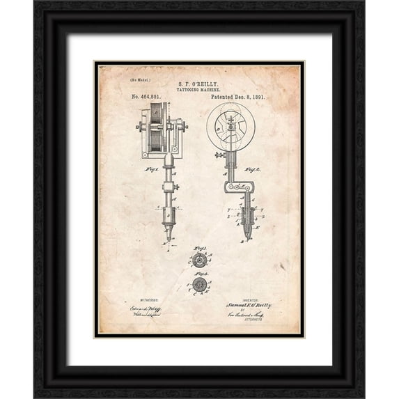 Borders, Cole 12x14 Black Ornate Wood Framed with Double Matting Museum Art Print Titled - PP814-Vintage Parchment First Tattoo Machine Patent Poster