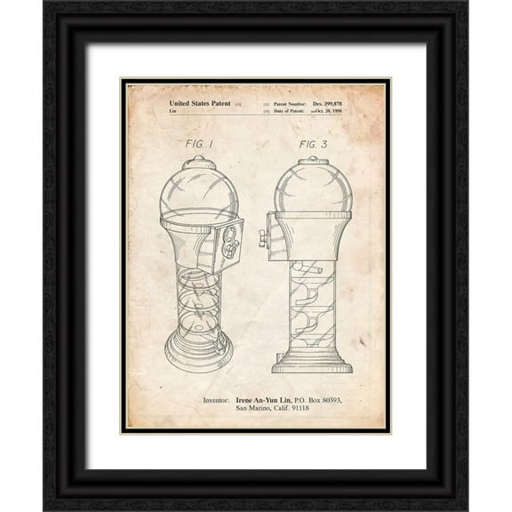 Borders, Cole 12x14 Black Ornate Wood Framed with Double Matting Museum Art Print Titled - PP864-Vintage Parchment Gumball Machine Poster