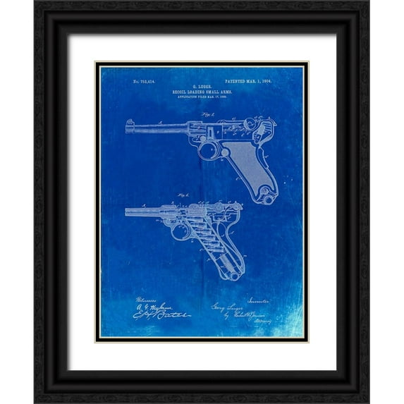 Borders, Cole 12x14 Black Ornate Wood Framed with Double Matting Museum Art Print Titled - PP947-Faded Blueprint Luger Pistol Patent Poster