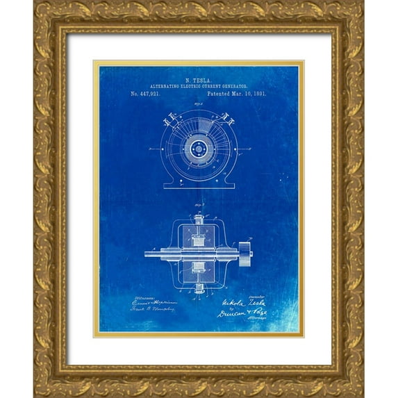 Borders, Cole 12x14 Gold Ornate Wood Framed with Double Matting Museum Art Print Titled - PP1090-Faded Blueprint Tesla Alternating Current Generator Poster