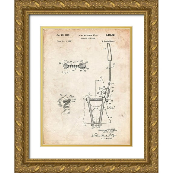 Borders, Cole 12x14 Gold Ornate Wood Framed with Double Matting Museum Art Print Titled - PP1122-Vintage Parchment Vibrato Tailpiece Patent Wall Art Poster