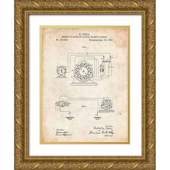 Borders, Cole 12x14 Gold Ornate Wood Framed with Double Matting Museum Art Print Titled - PP264-Vintage Parchment Tesla Operating Electric Motors Map Poster