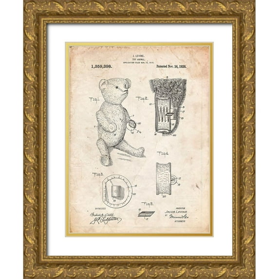 Borders, Cole 12x14 Gold Ornate Wood Framed with Double Matting Museum Art Print Titled - PP452-Vintage Parchment Whistle Teddy Bear 1919 Patent Poster