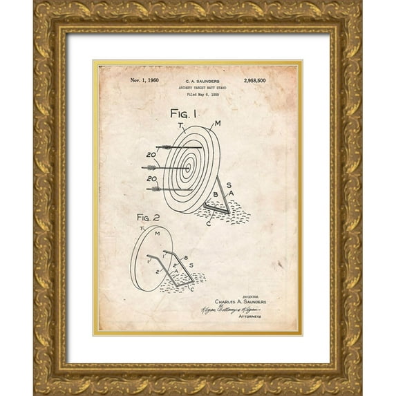 Borders, Cole 12x14 Gold Ornate Wood Framed with Double Matting Museum Art Print Titled - PP613-Vintage Parchment Archery Target and Stand Patent Poster