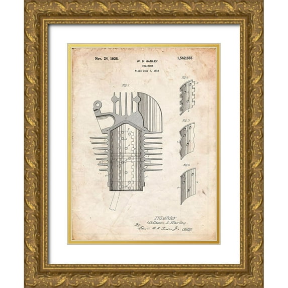 Borders, Cole 12x14 Gold Ornate Wood Framed with Double Matting Museum Art Print Titled - PP869-Vintage Parchment Harley Davidson Cylinder 1919 Patent Poster