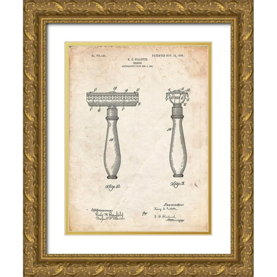 Borders, Cole 12x14 Gold Ornate Wood Framed with Double Matting Museum Art Print Titled - PP1026-Vintage Parchment Safety Razor Patent Poster