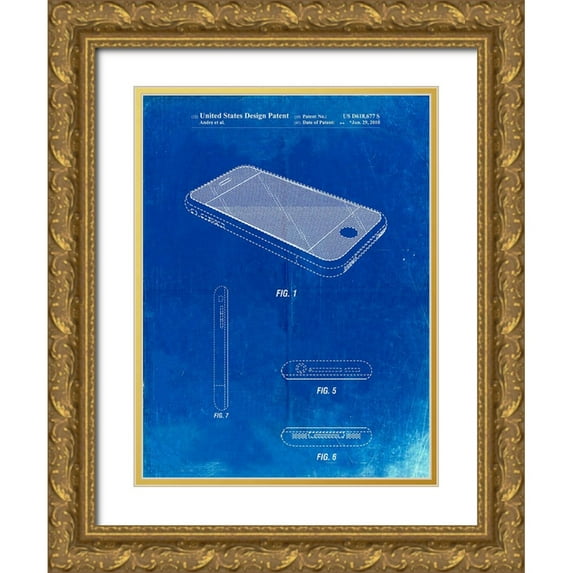 Borders, Cole 12x14 Gold Ornate Wood Framed with Double Matting Museum Art Print Titled - PP177- Faded Blueprint iPhone 3 Patent Poster
