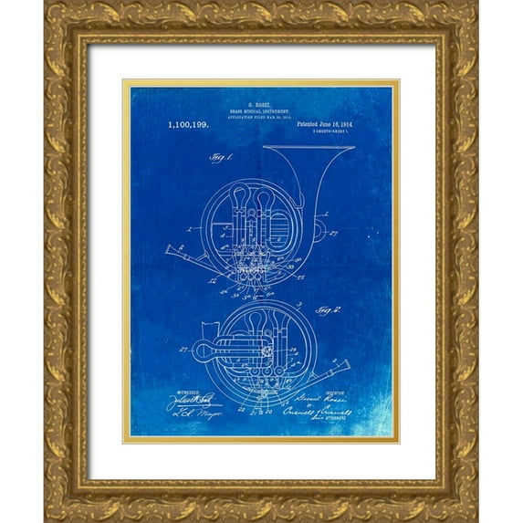 Borders, Cole 12x14 Gold Ornate Wood Framed with Double Matting Museum Art Print Titled - PP188- Faded Blueprint French Horn 1914 Patent Poster