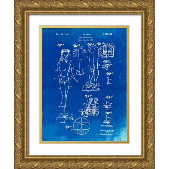 Borders, Cole 12x14 Gold Ornate Wood Framed with Double Matting Museum Art Print Titled - PP512-Faded Blueprint Barbie Doll Original Patent Poster