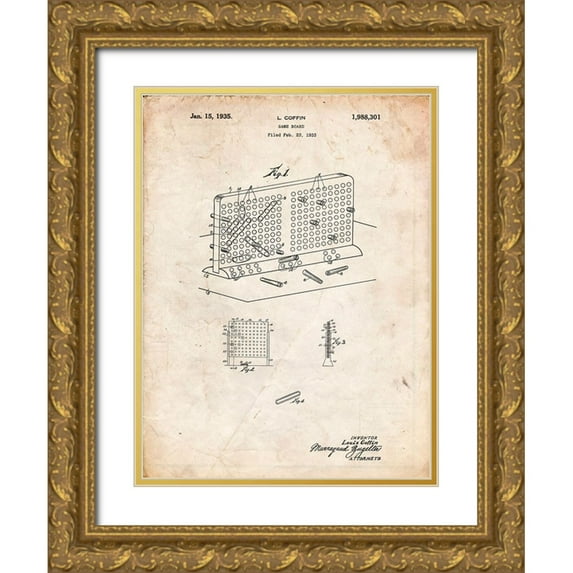 Borders, Cole 12x14 Gold Ornate Wood Framed with Double Matting Museum Art Print Titled - PP519-Vintage Parchment Battleship Game Patent Poster