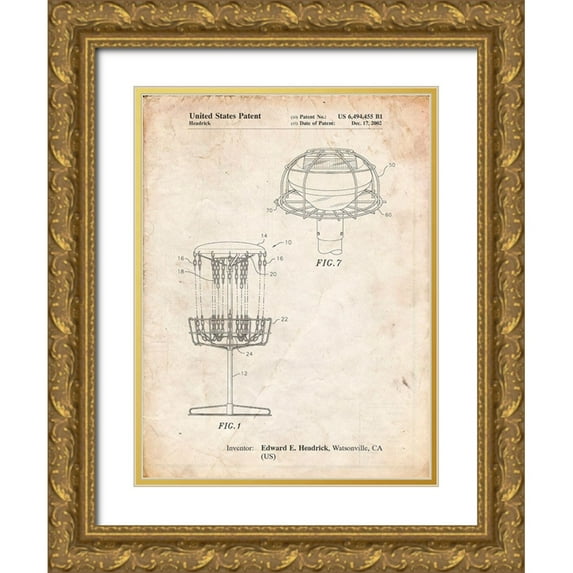 Borders, Cole 12x14 Gold Ornate Wood Framed with Double Matting Museum Art Print Titled - PP782-Vintage Parchment Disc Golf Basket Patent Poster