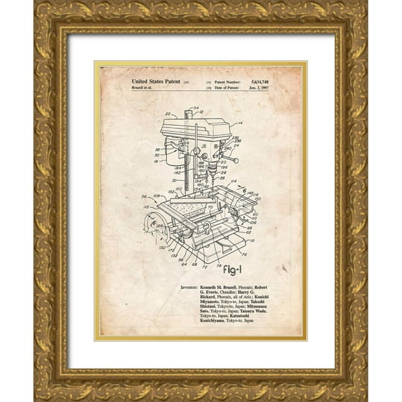 Borders, Cole 12x14 Gold Ornate Wood Framed with Double Matting Museum Art Print Titled - PP788-Vintage Parchment Drill Press Patent Poster