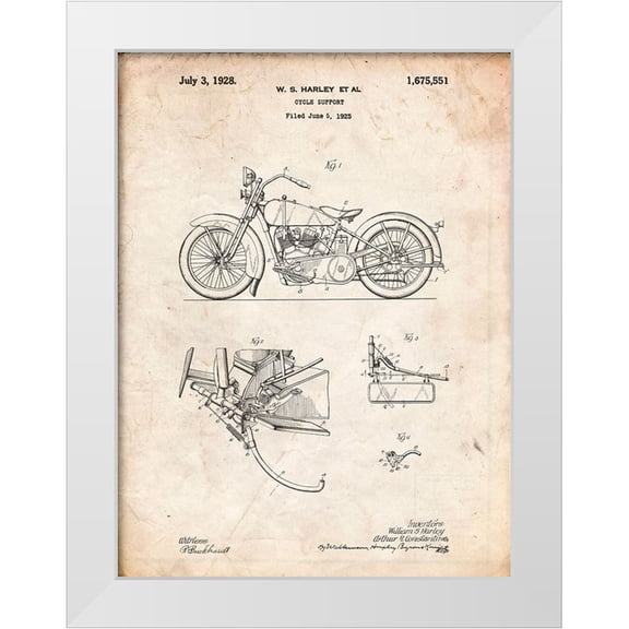 Borders, Cole 12x14 White Modern Wood Framed Museum Art Print Titled - PP10-Vintage Parchment Harley Davidson Model JD Patent Poster