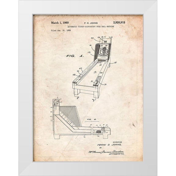 Borders, Cole 12x14 White Modern Wood Framed Museum Art Print Titled - PP1036-Vintage Parchment Skee Ball Patent Poster
