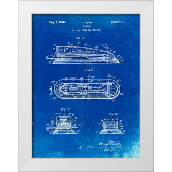 Borders, Cole 12x14 White Modern Wood Framed Museum Art Print Titled - PP1052-Faded Blueprint Stapler Patent Poster