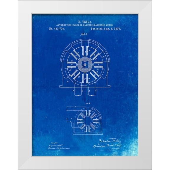 Borders, Cole 12x14 White Modern Wood Framed Museum Art Print Titled - PP1092-Faded Blueprint Tesla Coil Patent Poster