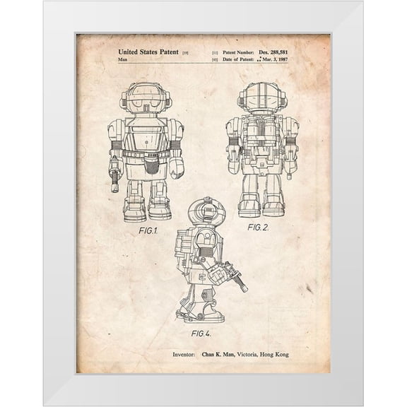 Borders, Cole 12x14 White Modern Wood Framed Museum Art Print Titled - PP1101-Vintage Parchment Toby Talking Toy Robot Patent Poster