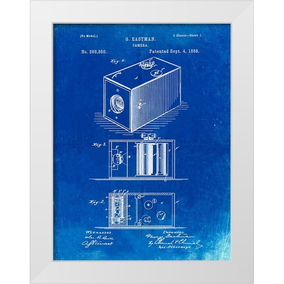 Borders, Cole 12x14 White Modern Wood Framed Museum Art Print Titled - PP126- Faded Blueprint Eastman Kodak Camera Patent Poster