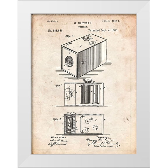 Borders, Cole 12x14 White Modern Wood Framed Museum Art Print Titled - PP126- Vintage Parchment Eastman Kodak Camera Patent Poster