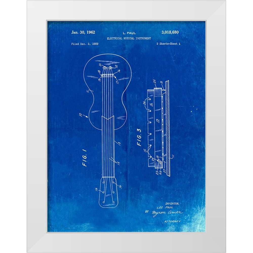 Borders, Cole 12x14 White Modern Wood Framed Museum Art Print Titled - PP140- Faded Blueprint Gibson Les Paul Guitar Patent Poster
