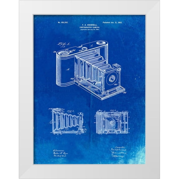 Borders, Cole 12x14 White Modern Wood Framed Museum Art Print Titled - PP15-Faded Blueprint Kodak Pocket Folding Camera Patent Poster