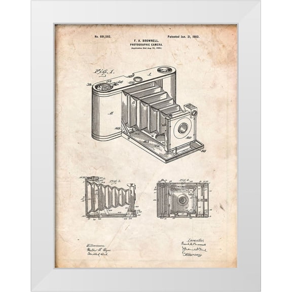 Borders, Cole 12x14 White Modern Wood Framed Museum Art Print Titled - PP15-Vintage Parchment Kodak Pocket Folding Camera Patent Poster