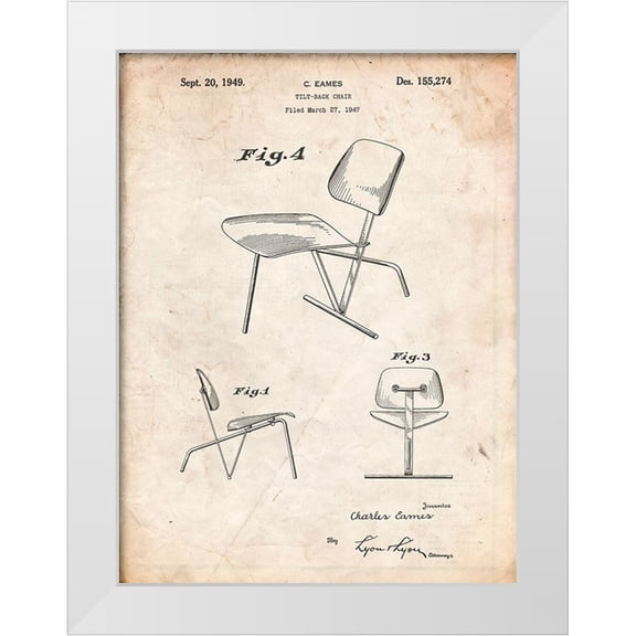 Borders, Cole 12x14 White Modern Wood Framed Museum Art Print Titled - PP159- Vintage Parchment Eames Tilt Back Chair Patent Poster