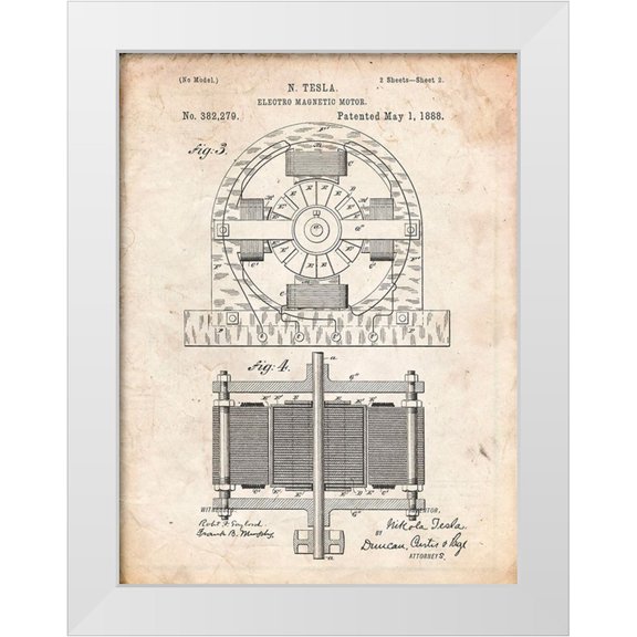 Borders, Cole 12x14 White Modern Wood Framed Museum Art Print Titled - PP173- Vintage Parchment Tesla Electro Motor Patent Poster