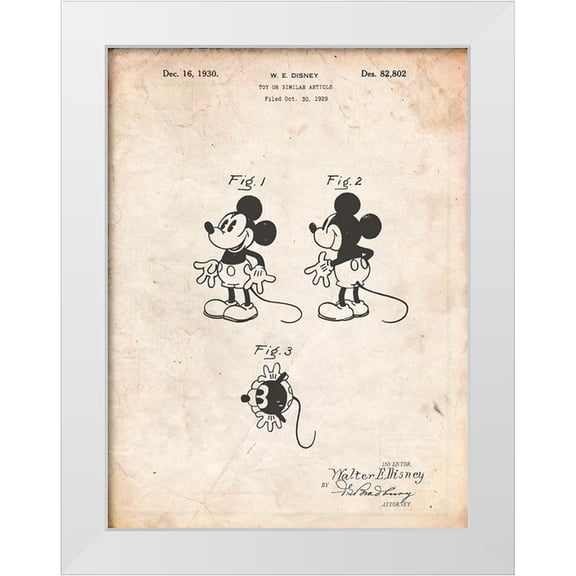 Borders, Cole 12x14 White Modern Wood Framed Museum Art Print Titled - PP191- Vintage Parchment Mickey Mouse 1929 Patent Poster