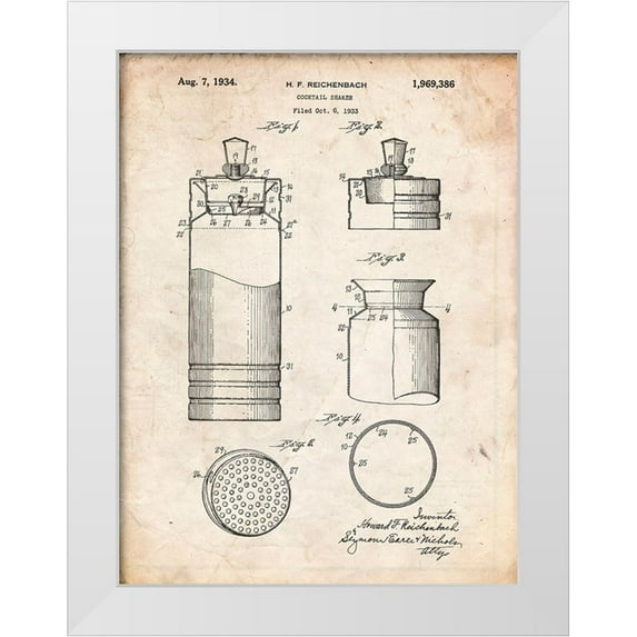 Borders, Cole 12x14 White Modern Wood Framed Museum Art Print Titled - PP204- Vintage Parchment Cocktail Shaker Patent Poster