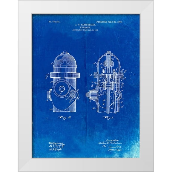 Borders, Cole 12x14 White Modern Wood Framed Museum Art Print Titled - PP210-Faded Blueprint Fire Hydrant 1903 Patent Poster