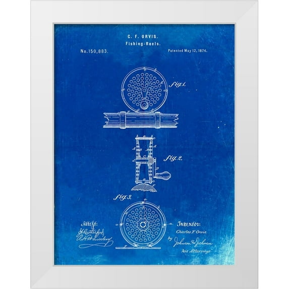 Borders, Cole 12x14 White Modern Wood Framed Museum Art Print Titled - PP225-Faded Blueprint Orvis 1874 Fly Fishing Reel Patent Poster