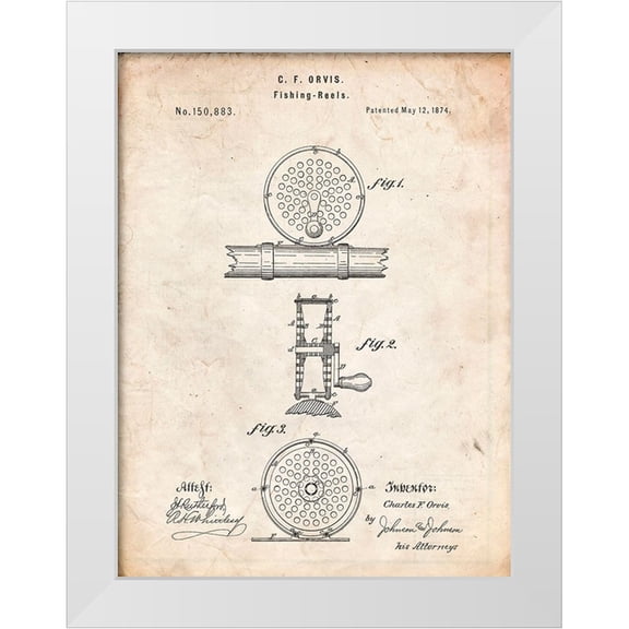 Borders, Cole 12x14 White Modern Wood Framed Museum Art Print Titled - PP225-Vintage Parchment Orvis 1874 Fly Fishing Reel Patent Poster