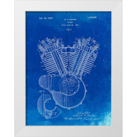 Borders, Cole 12x14 White Modern Wood Framed Museum Art Print Titled - PP24-Faded Blueprint Harley Davidson Engine 1919 Patent Poster