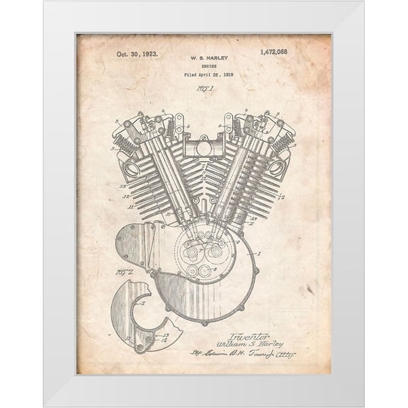 Borders, Cole 12x14 White Modern Wood Framed Museum Art Print Titled - PP24-Vintage Parchment Harley Davidson Engine 1919 Patent Poster