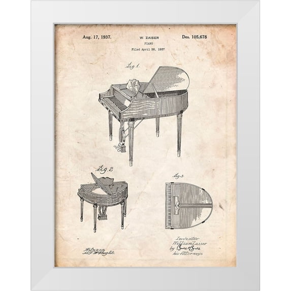 Borders, Cole 12x14 White Modern Wood Framed Museum Art Print Titled - PP252-Vintage Parchment Wurlitzer Butterfly Model 235 Piano Patent Poster