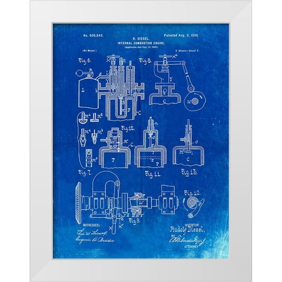 Borders, Cole 12x14 White Modern Wood Framed Museum Art Print Titled - PP257-Faded Blueprint Diesel Engine 1898 Patent Poster