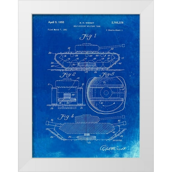 Borders, Cole 12x14 White Modern Wood Framed Museum Art Print Titled - PP262-Faded Blueprint Military Self Digging Tank Patent Poster