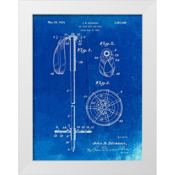 Borders, Cole 12x14 White Modern Wood Framed Museum Art Print Titled - PP270-Faded Blueprint Vintage Ski Pole Patent Poster