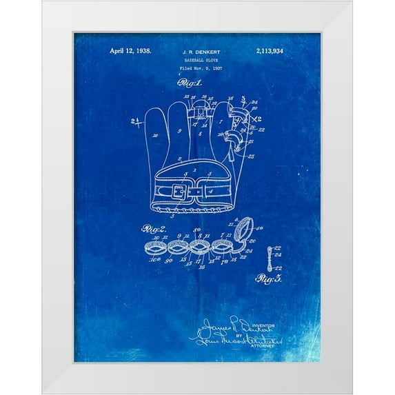 Borders, Cole 12x14 White Modern Wood Framed Museum Art Print Titled - PP272-Faded Blueprint Denkert Baseball Glove Patent Poster