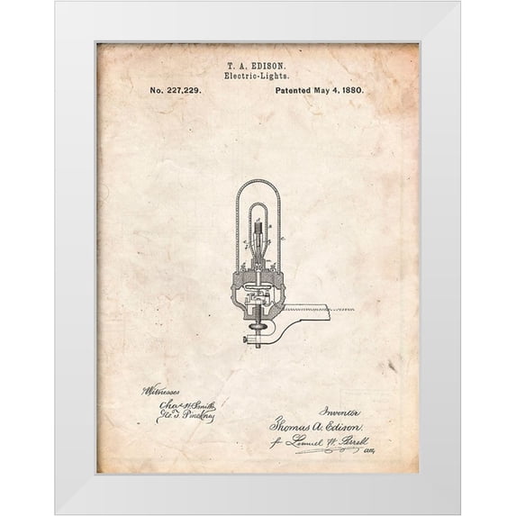 Borders, Cole 12x14 White Modern Wood Framed Museum Art Print Titled - PP296-Vintage Parchment Edison Light Bulb Poster