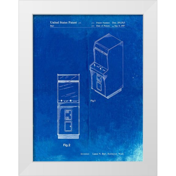 Borders, Cole 12x14 White Modern Wood Framed Museum Art Print Titled - PP357-Faded Blueprint Arcade Game Cabinet Front Figure Patent Poster