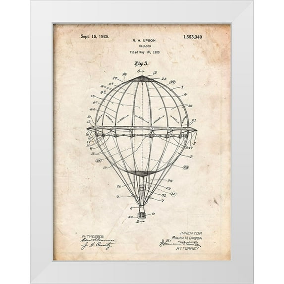 Borders, Cole 12x14 White Modern Wood Framed Museum Art Print Titled - PP36-Vintage Parchment Hot Air Balloon 1923 Patent Poster