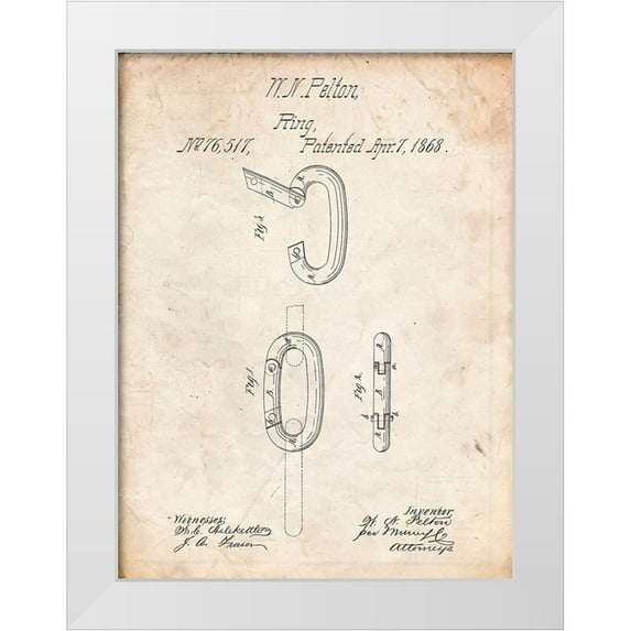 Borders, Cole 12x14 White Modern Wood Framed Museum Art Print Titled - PP402-Vintage Parchment Carabiner Ring 1868 Patent Poster