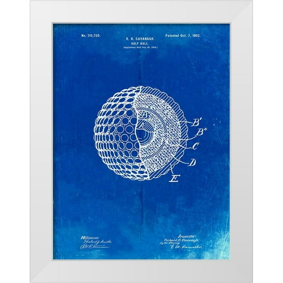 Borders, Cole 12x14 White Modern Wood Framed Museum Art Print Titled - PP42-Faded Blueprint Golf Ball 1902 Patent Poster