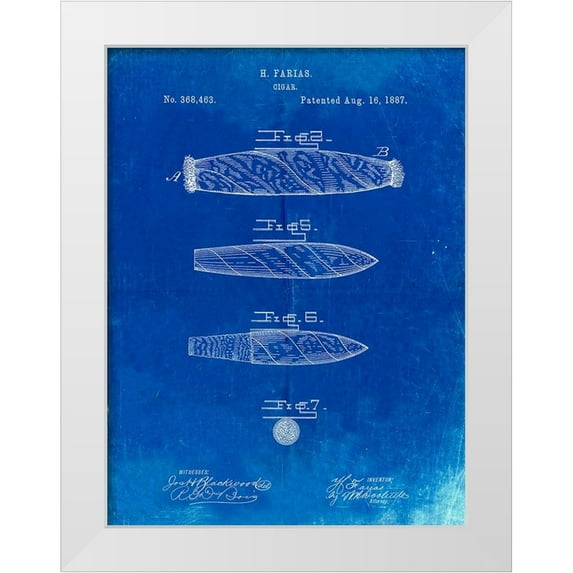 Borders, Cole 12x14 White Modern Wood Framed Museum Art Print Titled - PP43-Faded Blueprint Cigar Tobacco Patent Poster