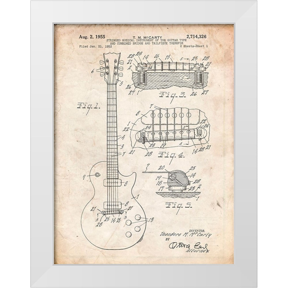 Borders, Cole 12x14 White Modern Wood Framed Museum Art Print Titled - PP47-Vintage Parchment Gibson Les Paul Guitar Patent Poster