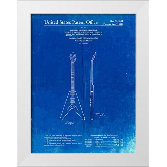 Borders, Cole 12x14 White Modern Wood Framed Museum Art Print Titled - PP48-Faded Blueprint Gibson Flying V Guitar Poster